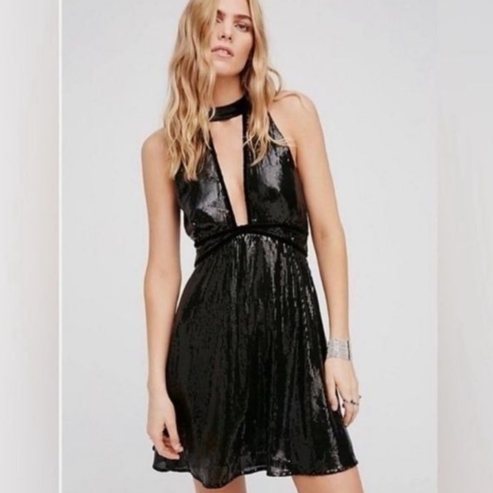 Free People Film Noir Black Sequin and Velvet Halter Mini Dress